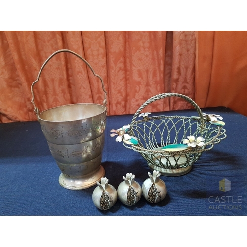 675G - Vintage and Retro Items;  Vintage Silver Tone Ice Bucket with an Engraved Floral Pattern, Retro Whit... 