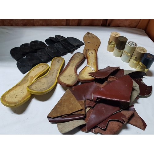 676E - Master Shoemaker's Vintage Accessories; Pieces of Leather, Ready-Made Sole Molds, Shoe Paints in an ... 