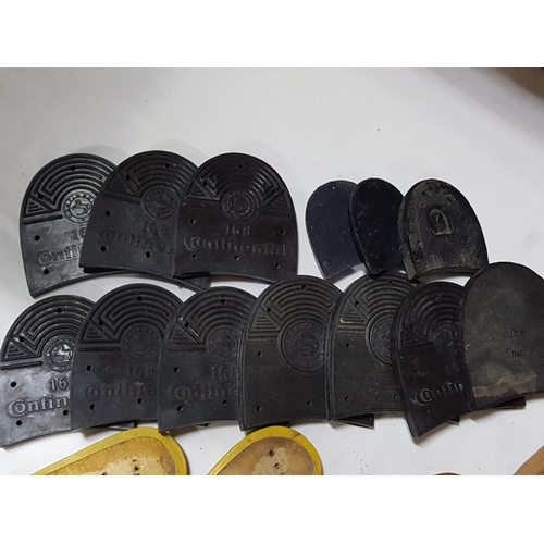 676E - Master Shoemaker's Vintage Accessories; Pieces of Leather, Ready-Made Sole Molds, Shoe Paints in an ... 