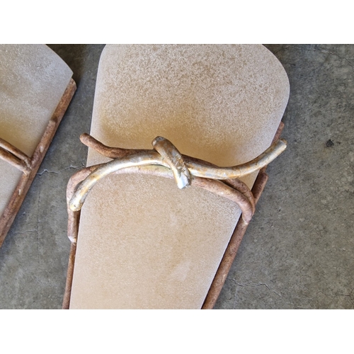 681G - Set of 3 x Wall Lights; Conical Shape Frosted Glass in Rustic Style Metal Surround with 'Knot' Effec... 
