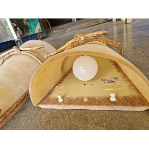 681G - Set of 3 x Wall Lights; Conical Shape Frosted Glass in Rustic Style Metal Surround with 'Knot' Effec... 
