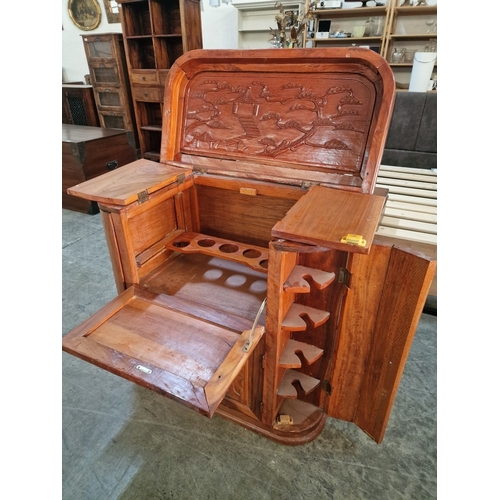 681C - Chinese Bar / Drinks Cabinet with Decorative Oriental Tree  Carvings, Lift Up Hinged Top with Openin... 