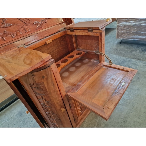 681C - Chinese Bar / Drinks Cabinet with Decorative Oriental Tree  Carvings, Lift Up Hinged Top with Openin... 