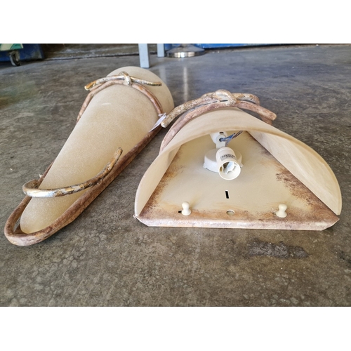 682G - Set of 2 x Wall Lights; Conical Shape Frosted Glass in Rustic Style Metal Surround with 'Knot' Effec... 