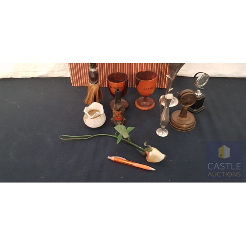 693F - Collection Of Ornaments & Souvenirs, Including Wooden Goblets, Small Metal Vases, Cricket Trophy & O... 