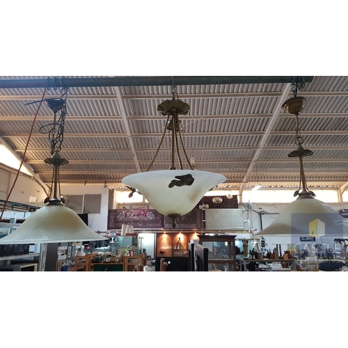 724G - 3 x Matching Hanging Ceiling Lights; Brass Effect, Alabaster Style Lampshades and Brass Effect Leaf ... 