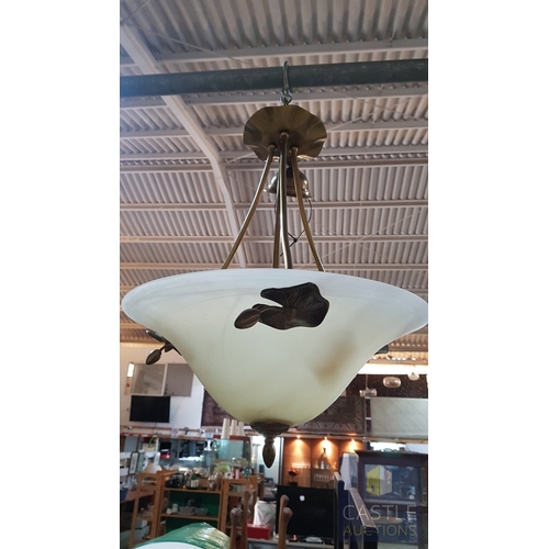 724G - 3 x Matching Hanging Ceiling Lights; Brass Effect, Alabaster Style Lampshades and Brass Effect Leaf ... 