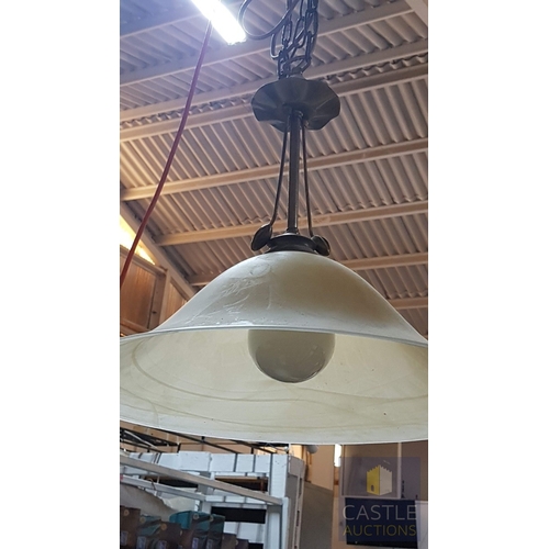 724G - 3 x Matching Hanging Ceiling Lights; Brass Effect, Alabaster Style Lampshades and Brass Effect Leaf ... 
