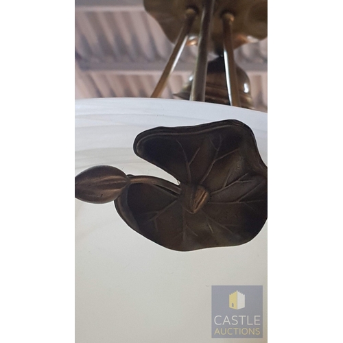 724G - 3 x Matching Hanging Ceiling Lights; Brass Effect, Alabaster Style Lampshades and Brass Effect Leaf ... 