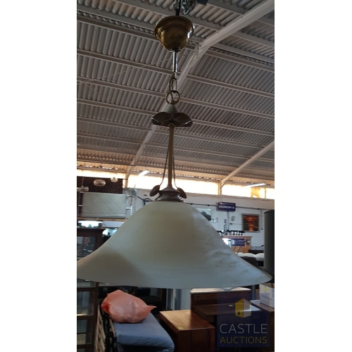 724G - 3 x Matching Hanging Ceiling Lights; Brass Effect, Alabaster Style Lampshades and Brass Effect Leaf ... 