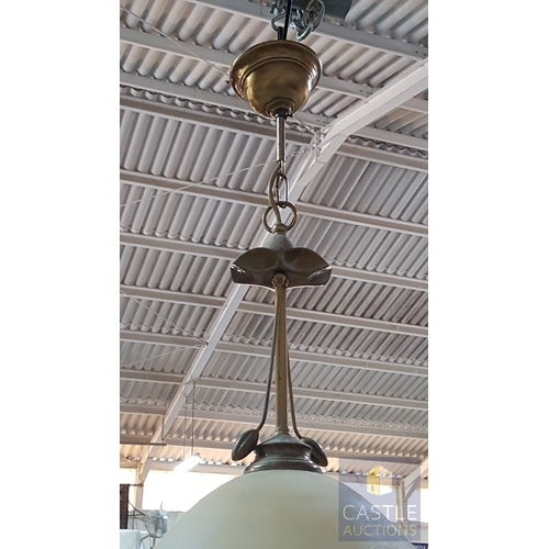 724G - 3 x Matching Hanging Ceiling Lights; Brass Effect, Alabaster Style Lampshades and Brass Effect Leaf ... 