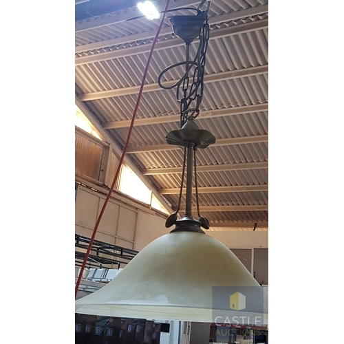 724G - 3 x Matching Hanging Ceiling Lights; Brass Effect, Alabaster Style Lampshades and Brass Effect Leaf ... 