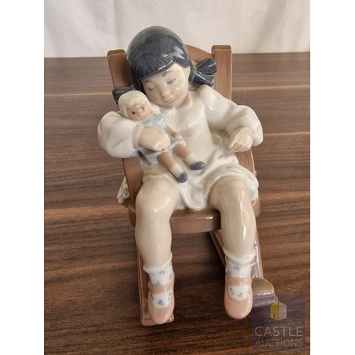 200 - Lladro Porcelain Figurine 'Naptime' (#5448), of Girl in Rocking Chair with Teddy Bear, Made in Spain... 