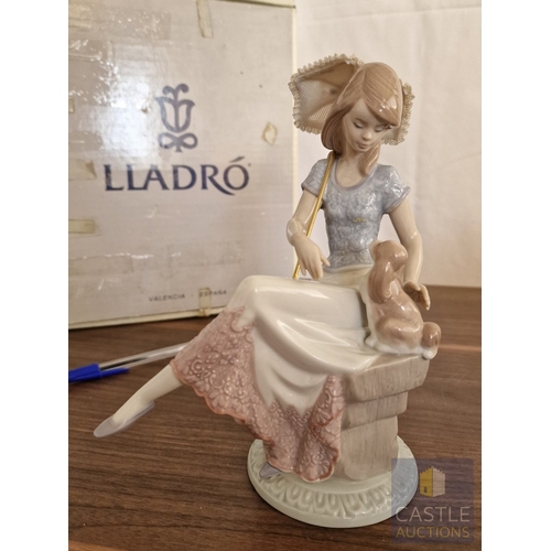 202 - Lladro Porcelain Figurine 'Picture Perfect' (#7612), of Girl with Puppy and Lace Parasol, 1990 Lladr... 
