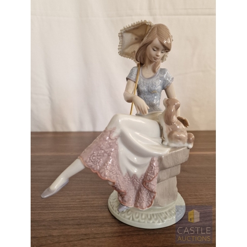 202 - Lladro Porcelain Figurine 'Picture Perfect' (#7612), of Girl with Puppy and Lace Parasol, 1990 Lladr... 