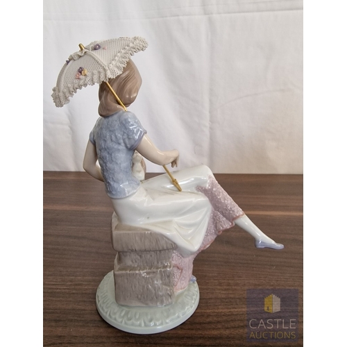 202 - Lladro Porcelain Figurine 'Picture Perfect' (#7612), of Girl with Puppy and Lace Parasol, 1990 Lladr... 