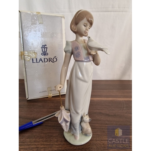 203 - Lladro Porcelain Figurine 'Summer Stroll' (#7611), of Girl with Bird, Kitten and Parasol, 1991 Lladr... 