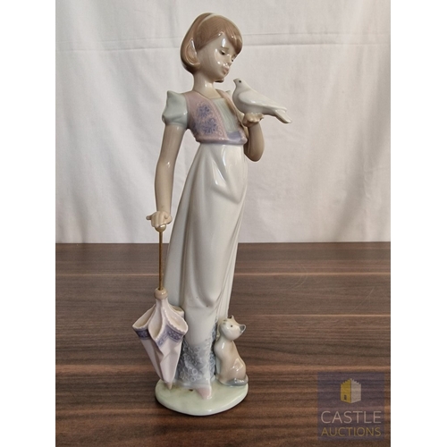 203 - Lladro Porcelain Figurine 'Summer Stroll' (#7611), of Girl with Bird, Kitten and Parasol, 1991 Lladr... 