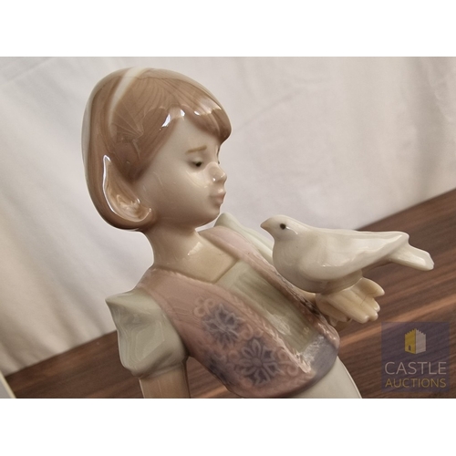 203 - Lladro Porcelain Figurine 'Summer Stroll' (#7611), of Girl with Bird, Kitten and Parasol, 1991 Lladr... 