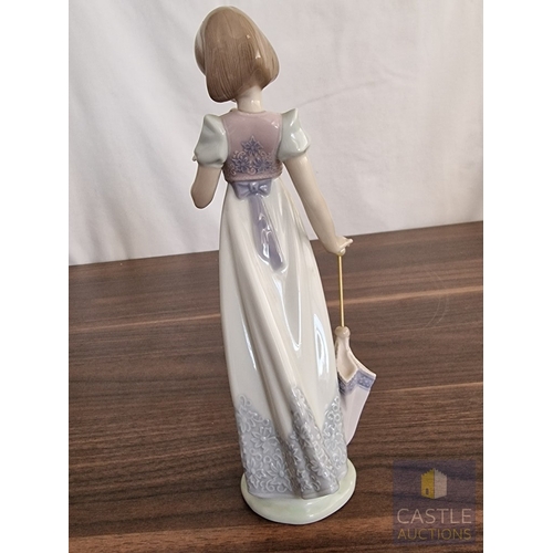 203 - Lladro Porcelain Figurine 'Summer Stroll' (#7611), of Girl with Bird, Kitten and Parasol, 1991 Lladr... 
