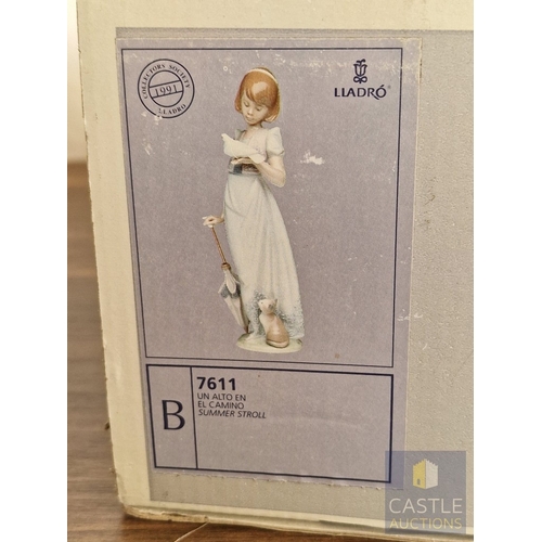 203 - Lladro Porcelain Figurine 'Summer Stroll' (#7611), of Girl with Bird, Kitten and Parasol, 1991 Lladr... 