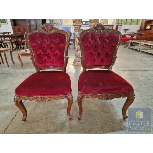 160 - Pair of Classical Style Carved Wood Chairs with Studded Red Button Back Upholstery Over Cabriole Leg... 