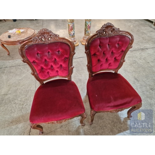 160 - Pair of Classical Style Carved Wood Chairs with Studded Red Button Back Upholstery Over Cabriole Leg... 