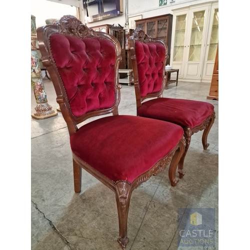 160 - Pair of Classical Style Carved Wood Chairs with Studded Red Button Back Upholstery Over Cabriole Leg... 