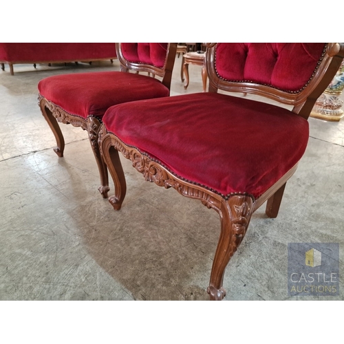 160 - Pair of Classical Style Carved Wood Chairs with Studded Red Button Back Upholstery Over Cabriole Leg... 