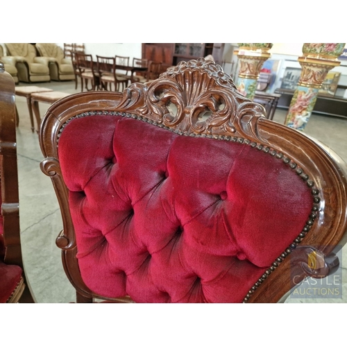 160 - Pair of Classical Style Carved Wood Chairs with Studded Red Button Back Upholstery Over Cabriole Leg... 
