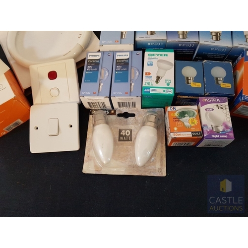 340 - Assorted Collection of  More Than 20x Light Bulbs, Sensor Light and 2x Wall Switches, See Multiple P... 