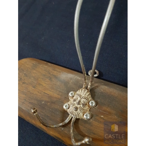 354 - Vintage Wooden Wall- Mounted Coat Rack with Decorative Hooks in Shape of Face, Likely 'Green Man' or... 
