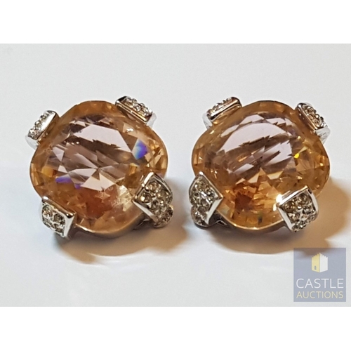 356 - Swarovski Pair of Retro Style Clips- On, Callura Sparkly Peach Crystals, Cushion Cut Square Crystals... 