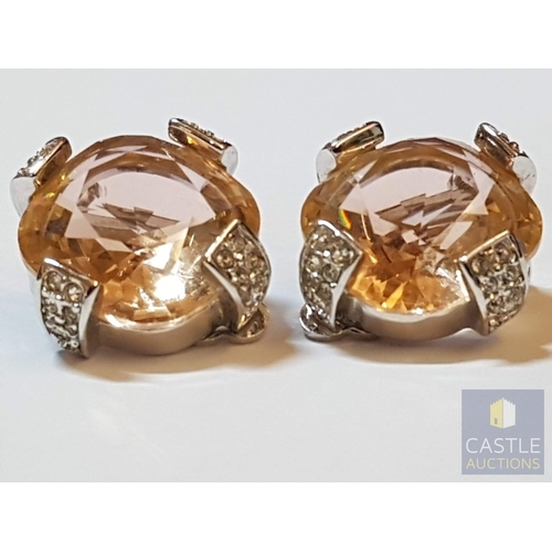 356 - Swarovski Pair of Retro Style Clips- On, Callura Sparkly Peach Crystals, Cushion Cut Square Crystals... 