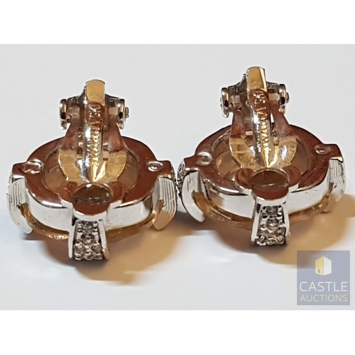 356 - Swarovski Pair of Retro Style Clips- On, Callura Sparkly Peach Crystals, Cushion Cut Square Crystals... 