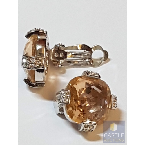 356 - Swarovski Pair of Retro Style Clips- On, Callura Sparkly Peach Crystals, Cushion Cut Square Crystals... 