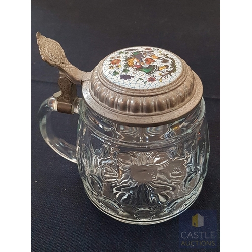 376 - Vintage BMF Beer Stein Bierseidel, Embossed Glass Body and Metal Hinged Lid (Approx. H: 13.5cm Ø: 10... 