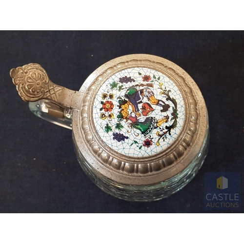 376 - Vintage BMF Beer Stein Bierseidel, Embossed Glass Body and Metal Hinged Lid (Approx. H: 13.5cm Ø: 10... 