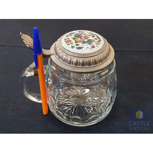 376 - Vintage BMF Beer Stein Bierseidel, Embossed Glass Body and Metal Hinged Lid (Approx. H: 13.5cm Ø: 10... 