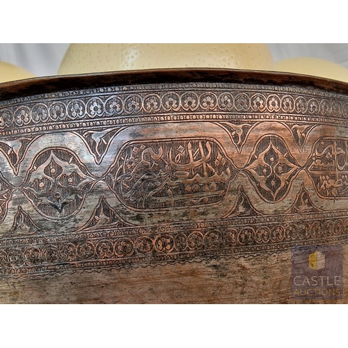 733J - Large & Heavy Antique Persian Tinned Copper Bowl with Hand Engraving, (Approx. H: 20cm Ø: 45cm), Tog... 