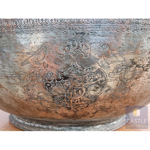 733J - Large & Heavy Antique Persian Tinned Copper Bowl with Hand Engraving, (Approx. H: 20cm Ø: 45cm), Tog... 