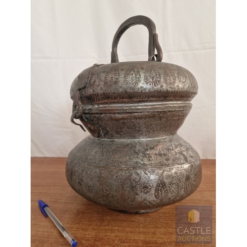 734J - Antique Engraved Copper Middle Eastern Food Container, with Hinged Cover, From Azerbaijan, (Approx. ... 