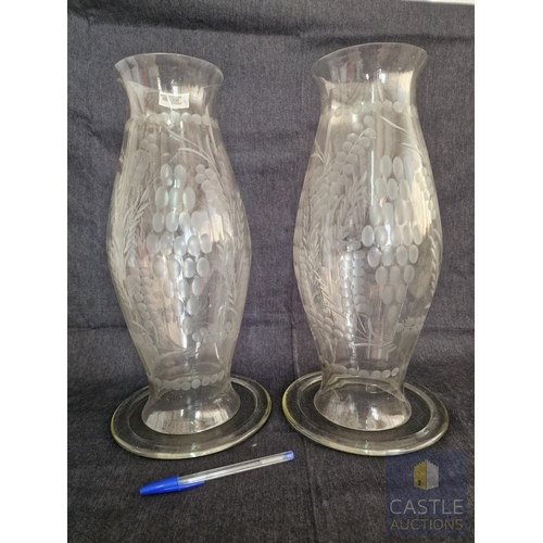 741J - Pair of Vintage Etched Handblown Glass Hurricane Shades for Candles, with Round Glass Plates, Decora... 