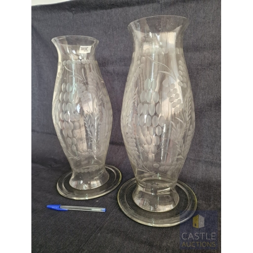741J - Pair of Vintage Etched Handblown Glass Hurricane Shades for Candles, with Round Glass Plates, Decora... 