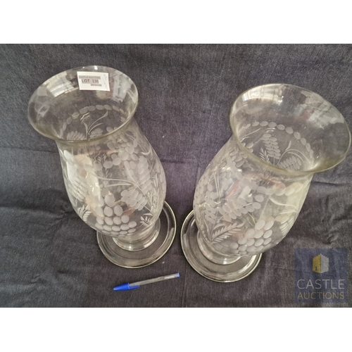 741J - Pair of Vintage Etched Handblown Glass Hurricane Shades for Candles, with Round Glass Plates, Decora... 