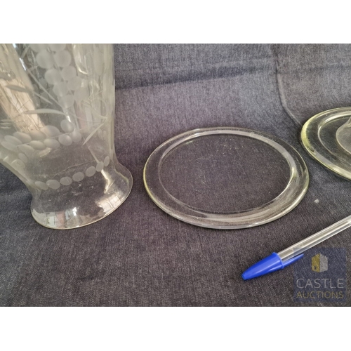741J - Pair of Vintage Etched Handblown Glass Hurricane Shades for Candles, with Round Glass Plates, Decora... 