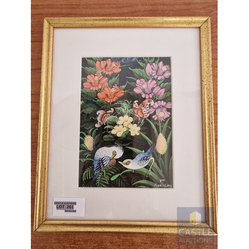 742J - Framed & Signed Painting of Birds & Flowers, (Approx. 21 x 26cm)