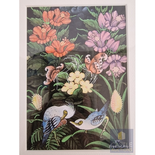 742J - Framed & Signed Painting of Birds & Flowers, (Approx. 21 x 26cm)