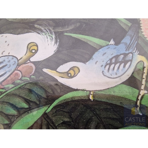 742J - Framed & Signed Painting of Birds & Flowers, (Approx. 21 x 26cm)
