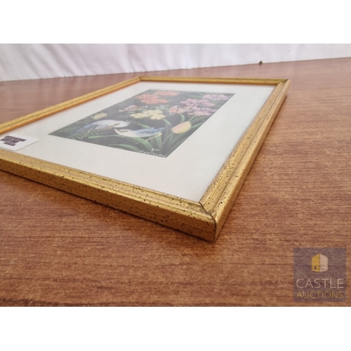 742J - Framed & Signed Painting of Birds & Flowers, (Approx. 21 x 26cm)